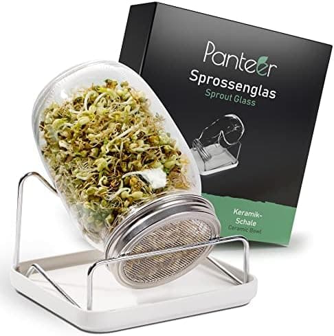 Sprossenglas Keimglas 940ml Premium Edelstahl Deckel - Für Sprossen & Sprossenzucht - Keimglas mit Keramikschale und Met