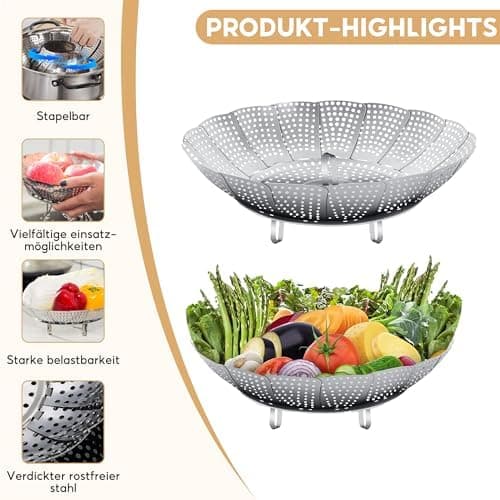 Gemüsedämpfer 2Pcs Dampfgarer Einsatz Silber Edelstahl Dünsteinsatz für Topf Kochtöpfe Verschiedenes Kochen Topfpresse S