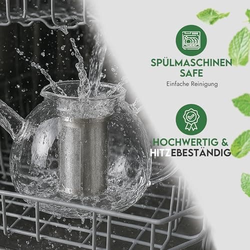Teekanne aus Borosilikatglas mit Edelstahl-Sieb für Dobin - 1,5 Liter - Tropffrei, Hitzebeständig, Spülmaschinenfest