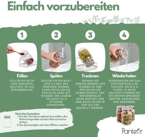 Sprossenglas Keimglas 940ml Premium Edelstahl Deckel - Für Sprossen & Sprossenzucht - Keimglas mit Keramikschale und Met