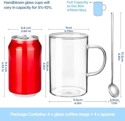 Ecoe 470 ml Kaffeetassen aus Borosilikatglas 4er-Set, perfekte Trinktasse für Kaffee und Tee, große Tassen mit Henkeln u