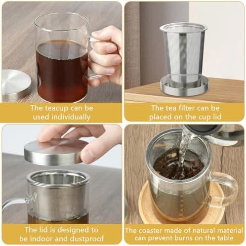 Grosser Teetee Becher mit Edelstahl Sieb und Deckel, 500ml Borosilikat Teeglas für Blumentee
| Borosilikat Teetasse mit