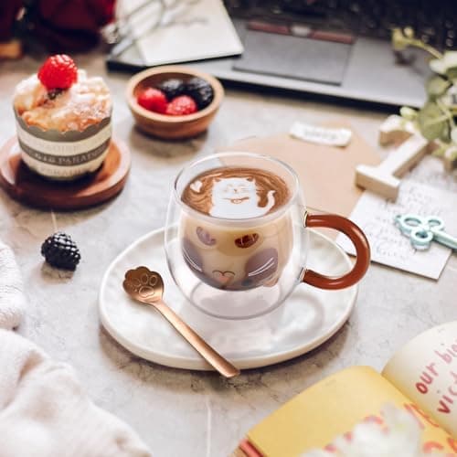 Ecooe Katzen Tasse Süße Doppelwandige Gläser Geburtstag Geschenke für Frauen