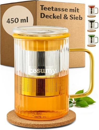 Cosumy Hitzebeständige Teetasse 450ml Schwarz - Farbgriff aus Borosilikat Glas mit Korkuntersetzer und Edelstahlfilter