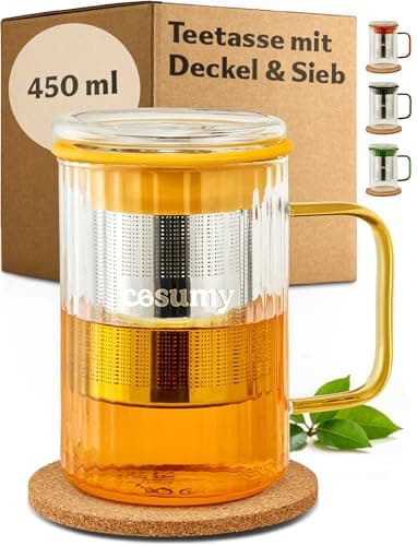 Cosumy Hitzebeständige Teetasse 450ml Schwarz - Farbgriff aus Borosilikat Glas mit Korkuntersetzer und Edelstahlfilter