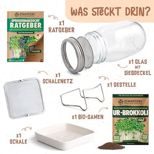 Bio Sprossen Anzuchtset – USDA Organic EU Organic – Sprossenglas 1er, 2er oder 3er Set – Enthält Keimglas, Anzuchtschale