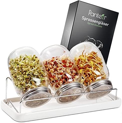 Sprossenglas Keimglas 940ml Premium Edelstahl Deckel - Für Sprossen & Sprossenzucht - Keimglas mit Keramikschale und Met