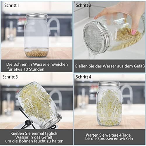 Edelstahl Sprouting Jar Glas 2er Set mit Filtergitter und Ständer,ideal für Microgreens-Zucht