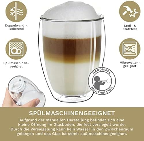 Creano Doppelwandiges Thermoglas für Männer und Frauen | Extra Großes Hitzebeständiges Kaffeeglas/Teeglas | 400ml inkl.