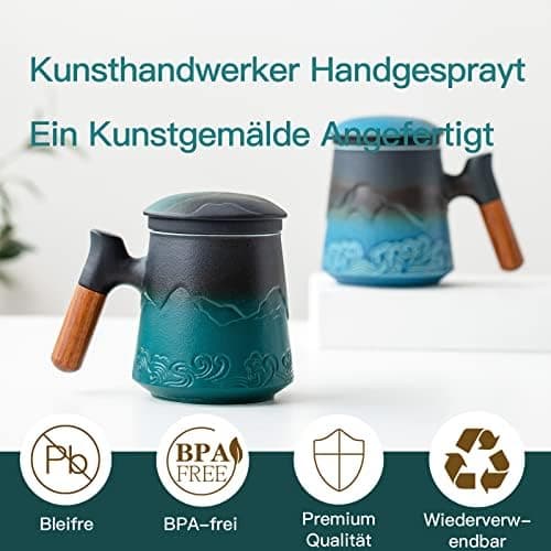 ZENS Teetasse mit Deckel und Teesieb für Tee Liebhaber bei\viewschiebung und Atemluft, 450ml, Große Holzgriff Matte Kera