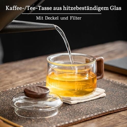 JanYoo Glas Teetasse mit Deckel und Sieb | Ideal für den Hausfrau | Für den Zuhause genossenen Tee | Transparent, 200ml,