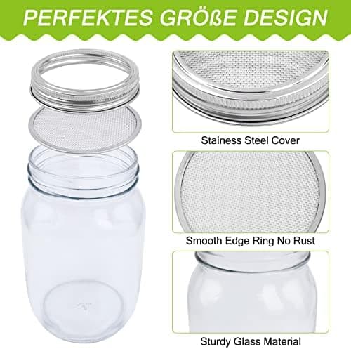 Sorliva Sprossenglas Keimglas 2er Set 1000ML Keimgerät mit Deckel Ständer und Abtropfschale Microgreen Alfalfa Samen