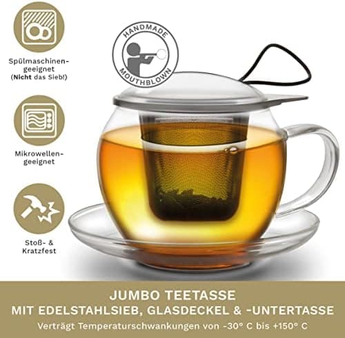 Creano JUMBO Tee-Tasse XXL aus Glas mit Henkel und integriertem Edelstahlsieb für Feierabend │ leicht transportationfähi