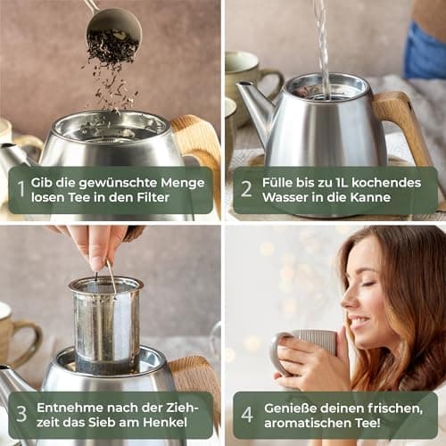 WALDWERK Tropffreie Teekanne 304 Edelstahl - IDEAL für Teebewerter - Holzgriffesignierungen - 1 Liter Doppelwandige Teek