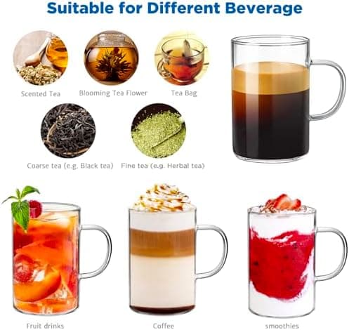 Ecoe 470 ml Kaffeetassen aus Borosilikatglas 4er-Set, perfekte Trinktasse für Kaffee und Tee, große Tassen mit Henkeln u