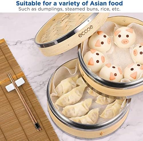 Ecooe Bambusdämpfer mit verstärktem Edelstahlrand, 20cm für Reis, Dim Sum und Gemüse,perfect für Familie und Freunde