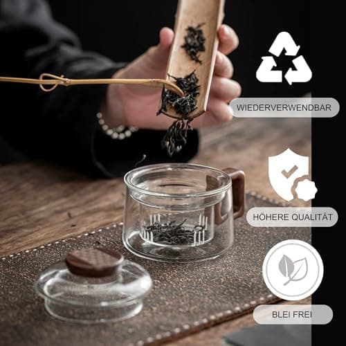 JanYoo Glas Teetasse mit Deckel und Sieb | Ideal für den Hausfrau | Für den Zuhause genossenen Tee | Transparent, 200ml,