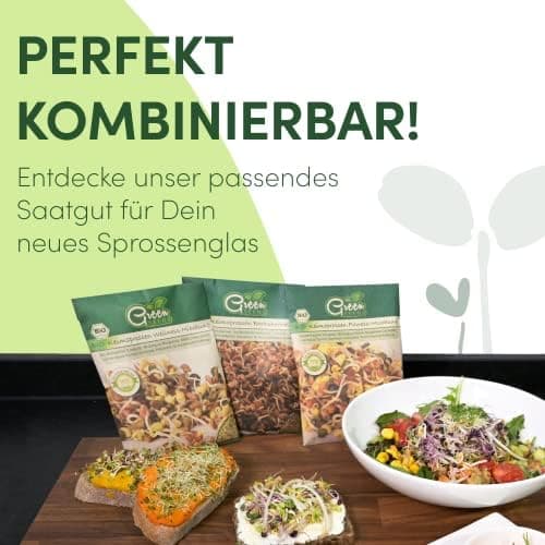 Original Sprossenglas 2er Set + KRESSESIEB + Saatgut-Set - Hochwertiges Edelstahl-Gitter, Ständer und Keramikschale [USA