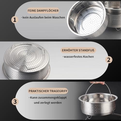 Dampfgarer Einsatz Edelstahl 304 für Töpfe - Dünstet dein Gemüse und Früchte schnell und lecker, 22 cm