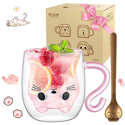 Ecooe Katzen Tasse Süße Doppelwandige Gläser Geburtstag Geschenke für Frauen
