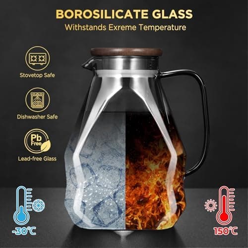 Eeco Glaskaraffe 1,5 Liter Edelstahldeckel Karaffe, ideal für Heißes und Kaltes Wasser, Getränke Büchse, Saft, Milch, Te