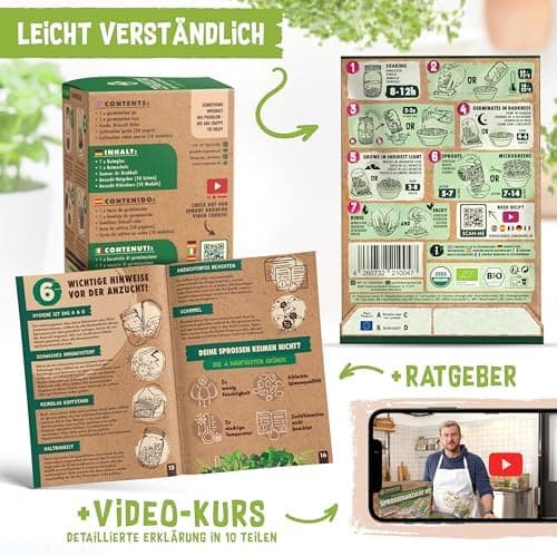 Bio Sprossen Anzuchtset – USDA Organic EU Organic – Sprossenglas 1er, 2er oder 3er Set – Enthält Keimglas, Anzuchtschale