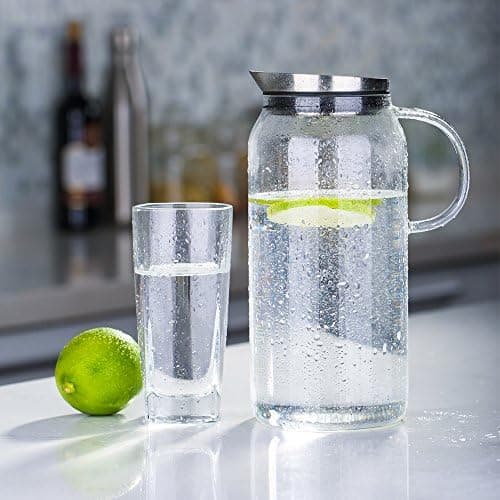 Eeco Glaskaraffe 1,5 Liter Edelstahldeckel Karaffe, ideal für Heißes und Kaltes Wasser, Getränke Büchse, Saft, Milch, Te