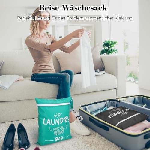 2 Stück Dunkelgrau+Grün wasserdichte Reise Wäschesack 38*48cm Faltbar Füllung/downloadsicher Schmutzwäschebeutel für Rei