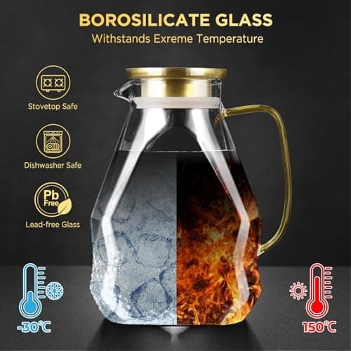 Eeco Glaskaraffe 1,5 Liter Edelstahldeckel Karaffe, ideal für Heißes und Kaltes Wasser, Getränke Büchse, Saft, Milch, Te