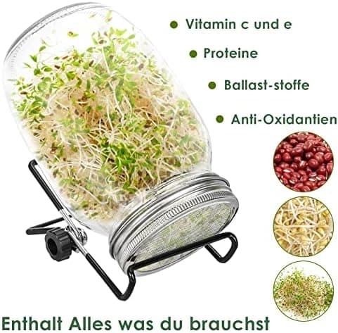Keimglas Sprossenglas 2er Set 950ML Weiß Einsatzbereich Kresse Alfalfa Brokkoli Mungobohnen 2 Einstellbare Halterung Dri