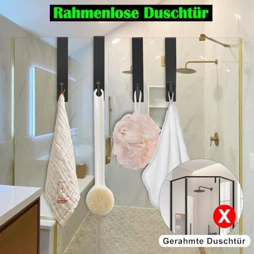 Edelstahl Verbesserte Duschhaken 4 Stück ohne Bohren für Glaswand Handtuchhalter mit Schutzmatte Dusche Zubehör Robust u