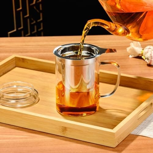 PARACITY Borosilikat-Teebecher mit abnehmbarer Edelstahl-Sieve & Deckel, 450 ml, OFENFEST für losen Tee, Geschenk für Fa