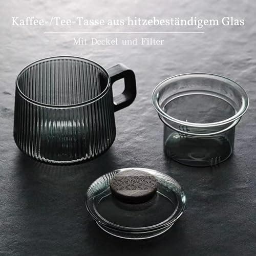 JanYoo Glas Teetasse mit Deckel und Sieb | Ideal für den Hausfrau | Für den Zuhause genossenen Tee | Transparent, 200ml,