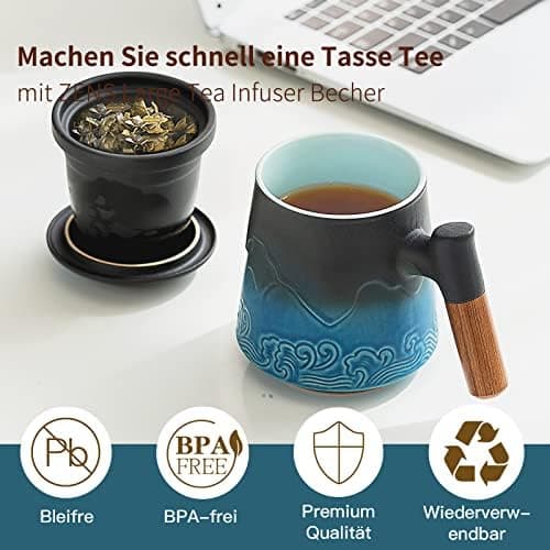 ZENS Teetasse mit Deckel und Teesieb für Tee Liebhaber bei\viewschiebung und Atemluft, 450ml, Große Holzgriff Matte Kera