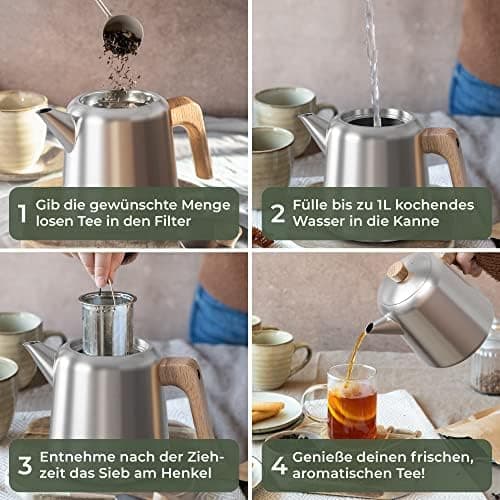 WALDWERK Tropffreie Teekanne 304 Edelstahl - IDEAL für Teebewerter - Holzgriffesignierungen - 1 Liter Doppelwandige Teek