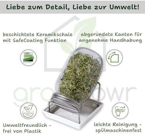 Bio Sprossengläser 950ml | Safe Coating & Keramikschale - Keimfreies Sprossen Ziehen für Anfänger und Fortgeschrittene |