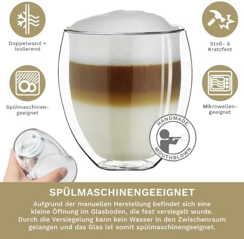 Creano Doppelwandiges Thermoglas für Männer und Frauen | Extra Großes Hitzebeständiges Kaffeeglas/Teeglas | 400ml inkl.