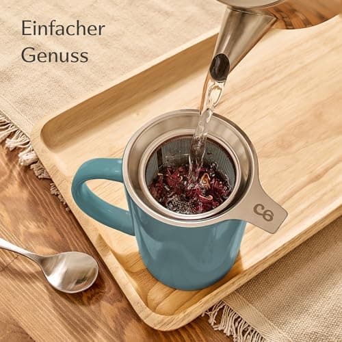 Cosumy Keramik Teetasse mit Sieb und Deckel - Hält lange warm - Spülmaschinenfest - Ideal für Tagesgebrauch - 400ml