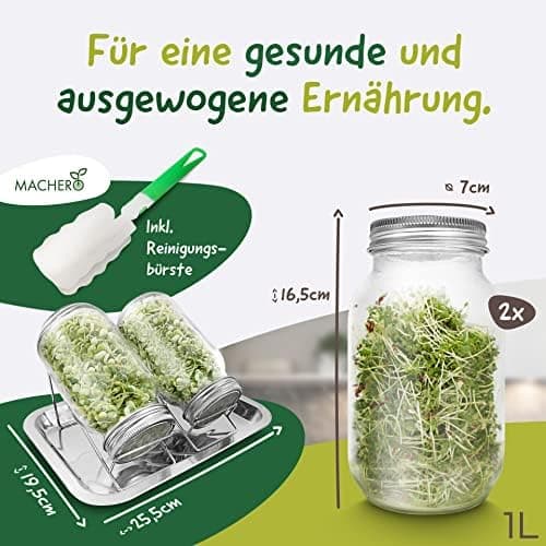 Edelstahlständer Sprossenglas 750ml Keimglas 2er-Set Reinigungsbürste inkl., ideal für Brokkoli-Samenpflege