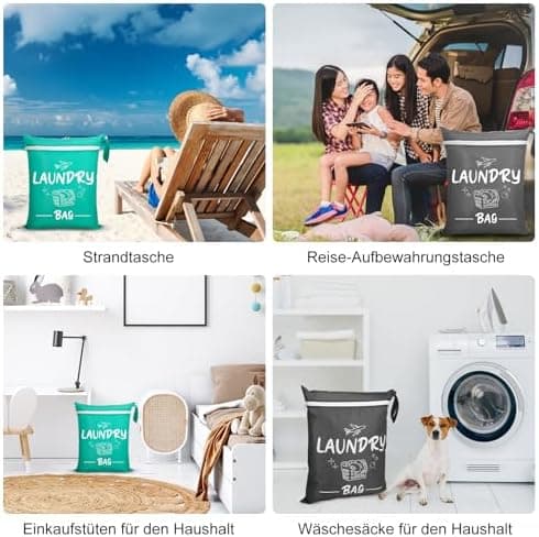 2 Stück Dunkelgrau+Grün wasserdichte Reise Wäschesack 38*48cm Faltbar Füllung/downloadsicher Schmutzwäschebeutel für Rei