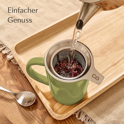 Cosumy Keramik Teetasse mit Sieb und Deckel - Hält lange warm - Spülmaschinenfest - Ideal für Tagesgebrauch - 400ml