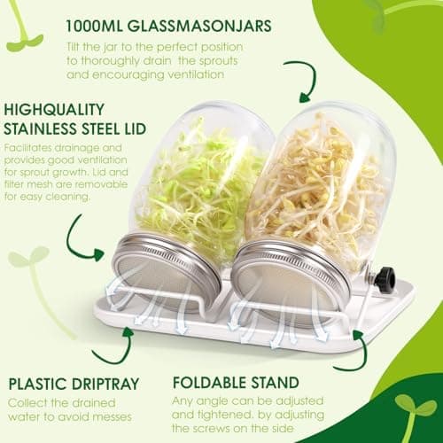 Sprossenglas Keimglas 2er Set 1000ml Edelstahlfilter Grau Bosch 2 Filter 3 Ständer Mungobohnen Alfalfa