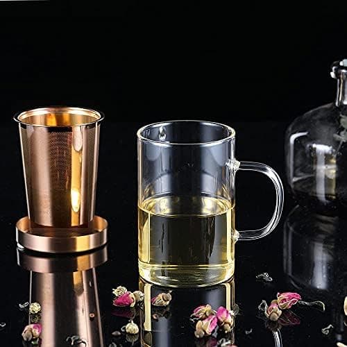 EcoOE 440 ml Borosilikat Teetasse mit Ultrafein Edelstahl Sieb und Natürlicher Bambus Deckel für Koffeinfreie Getränke