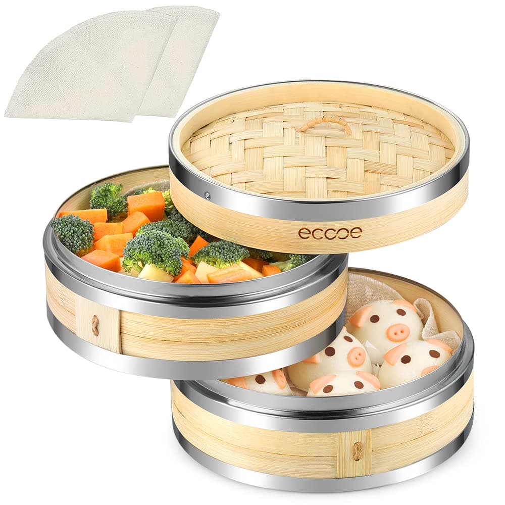 Ecooe Bambusdämpfer mit verstärktem Edelstahlrand, 20cm für Reis, Dim Sum und Gemüse,perfect für Familie und Freunde