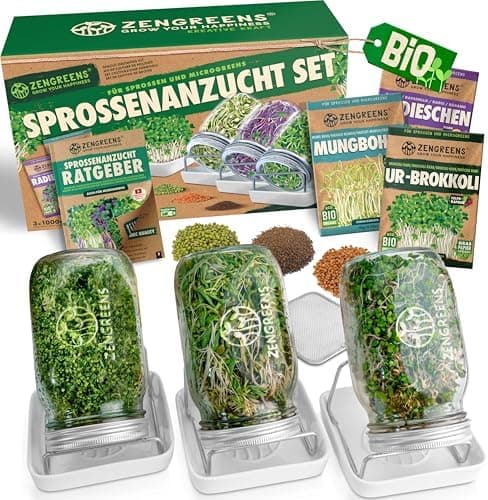 Bio Sprossen Anzuchtset – USDA Organic EU Organic – Sprossenglas 1er, 2er oder 3er Set – Enthält Keimglas, Anzuchtschale