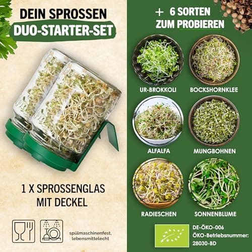 Sprossenglas Set (2er Set) + Bio Sprossen Samen (6 x Teil) inkl. Keimglas (Anthrazit) EU Organic