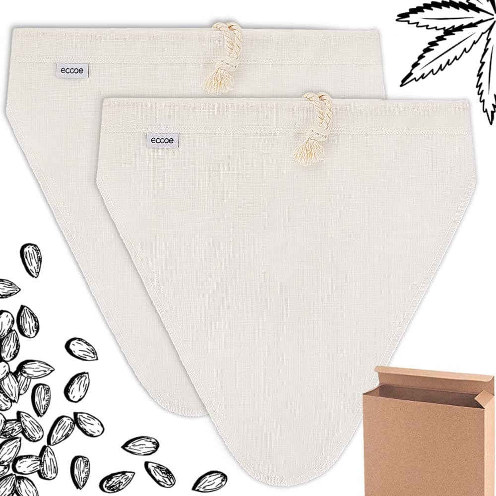 Ecoe Nussmilchbeutel aus Natural Hanf 28 x 30 cm, vegane Nussbeutel für Mandelmilch & Haselnussmilch, waschbarer Filtert