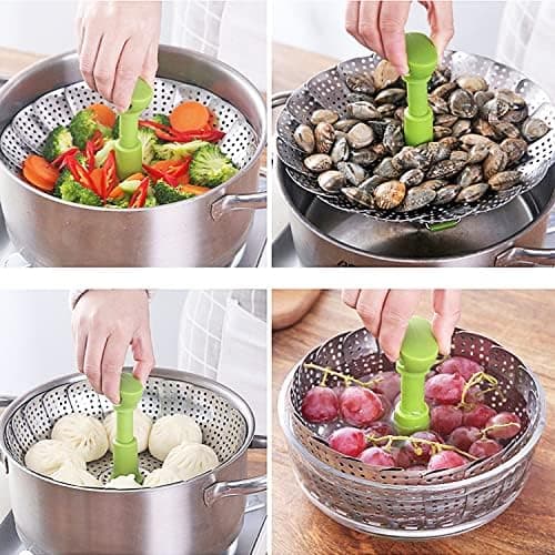 Edelstahl Dampfgarer für Baby-Nahrung, einstellbar Dünsteinsatz faltbarer Körbchen, rostfrei für Spülmaschine (14-23cm)