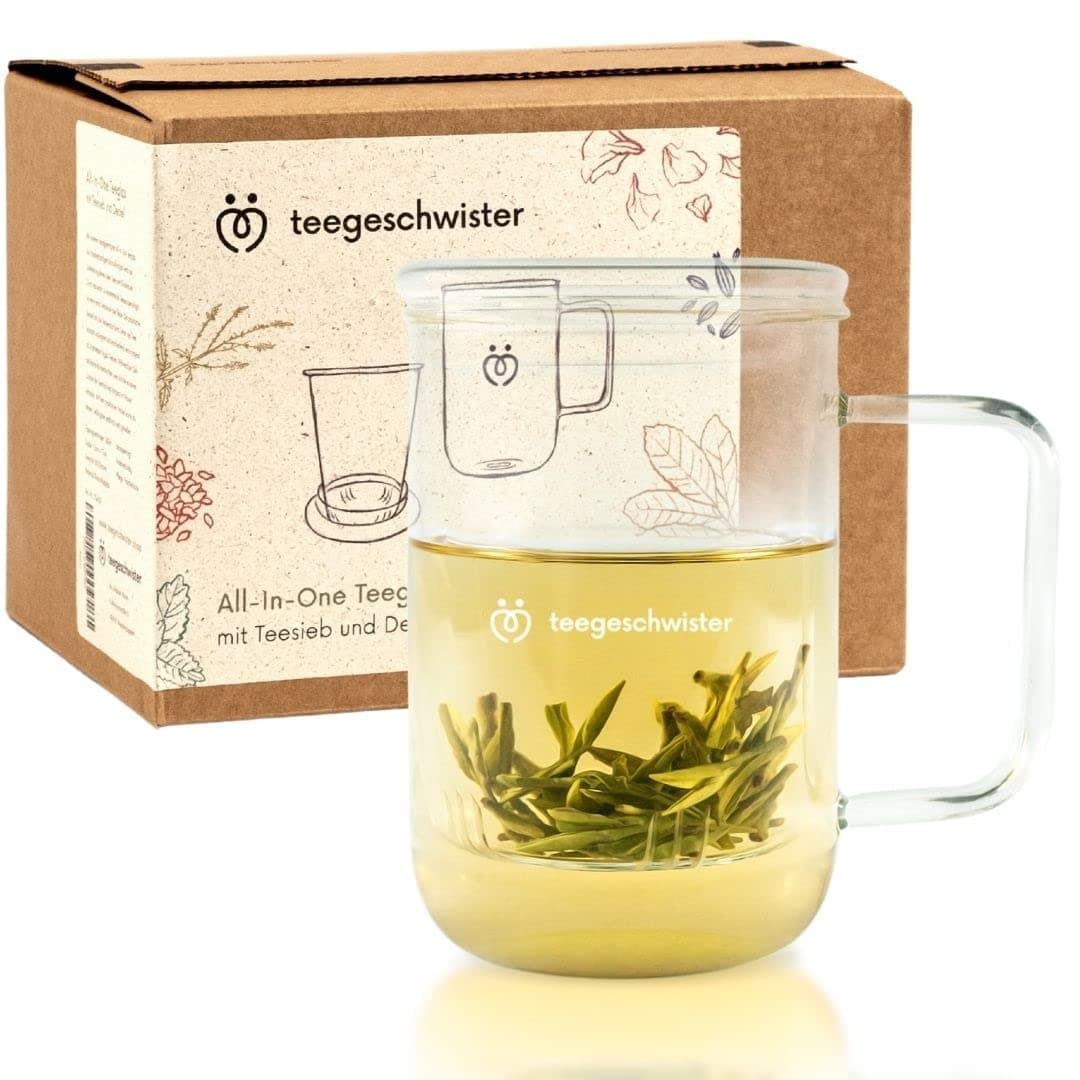 Teeglas mit Sieb und Deckel |(hitzebeständig) | für Liebhaber des Dufthafts und Geschmacks | bei Tee- und Herbservierung