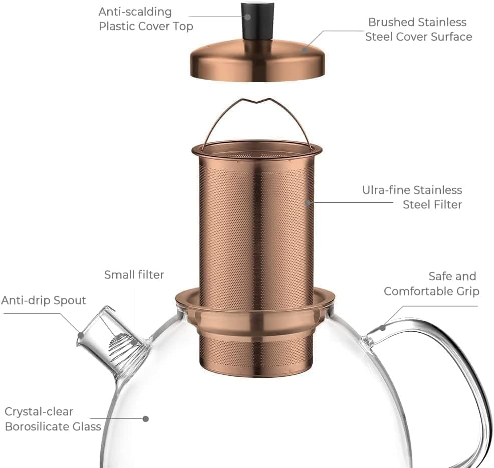 Ecooe Original 1500ml Bronzeschiefer Glass Tea Kettle Borosilicate Glass Tea Infuser with Removable 18/8 Stainless Steel